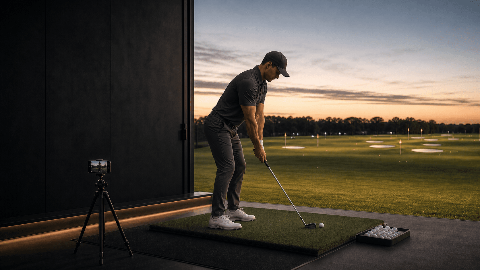 Golfer addressing a ball toward an open driving range with a phone recording safely behind